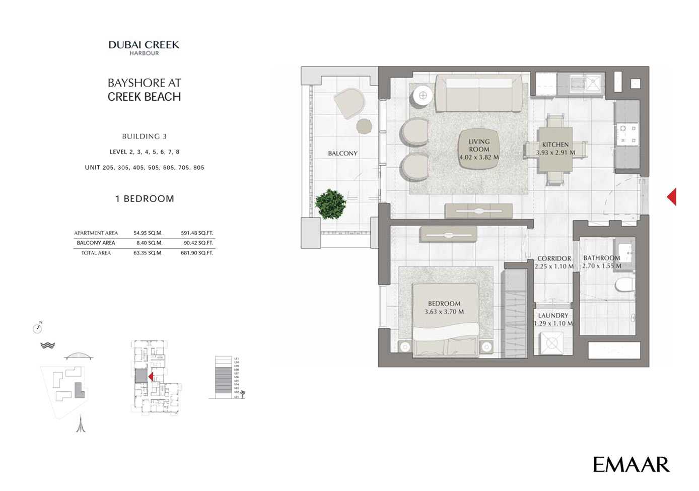Building 3 - 1 Bedroom Level 2 to 8 Unit 205-305-405-505-605-705-805 Size 681 sq ft